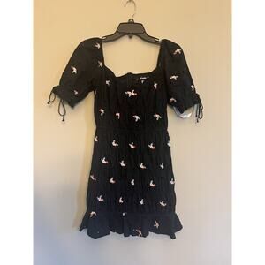 Missguided Black Embroidered Floral Eyelet Mini Dress Bows Size 2 NWT